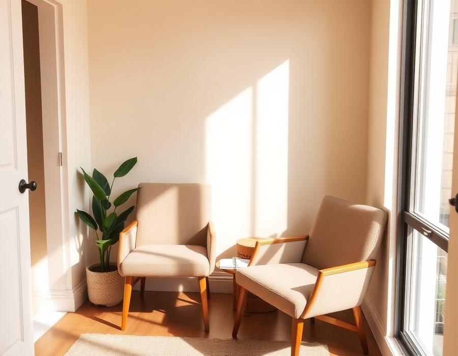 Sunlit consultation corner with two chairs and a plant