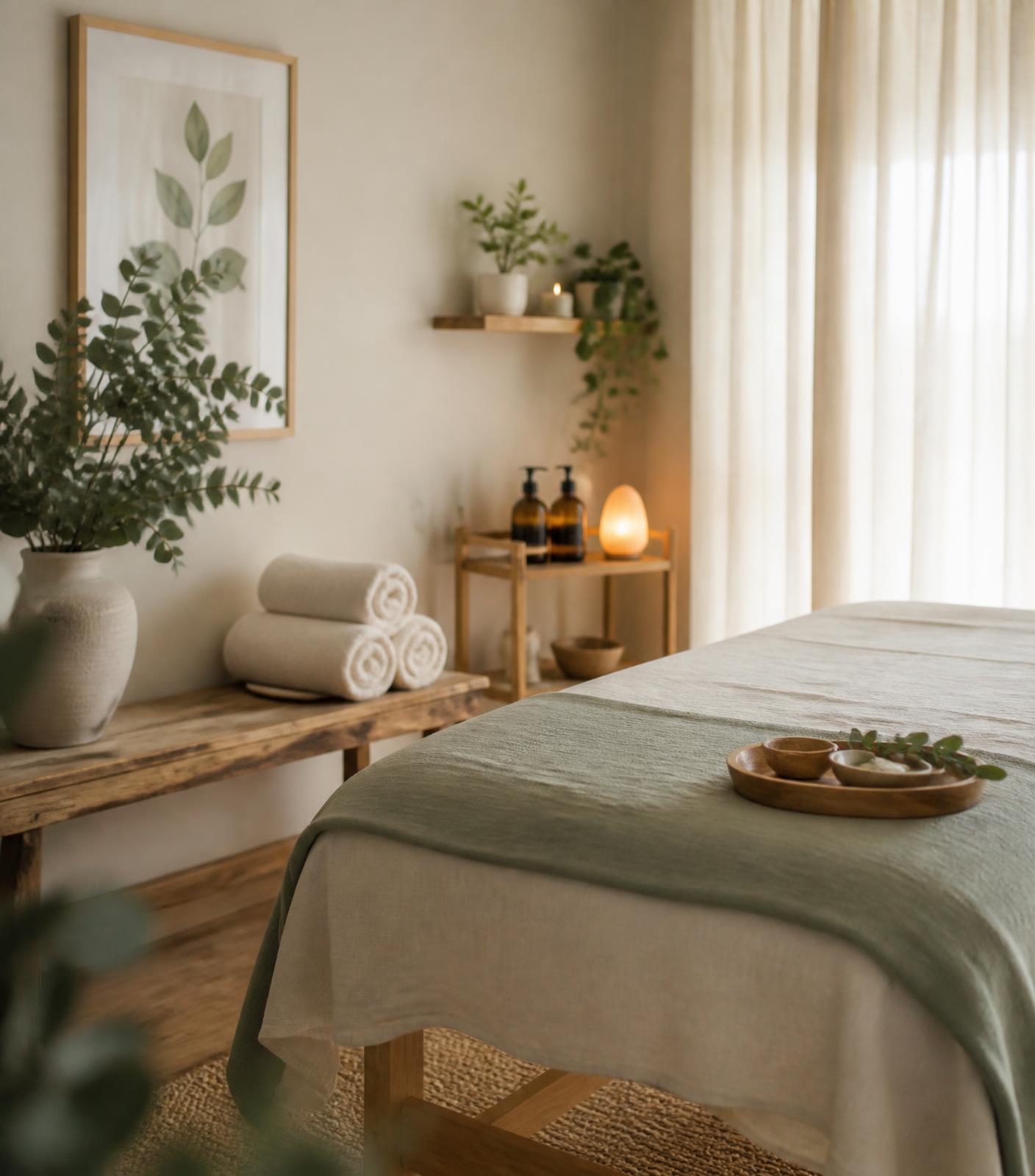 Calm treatment room at Healthy By Daniela with linen curtains and eucalyptus